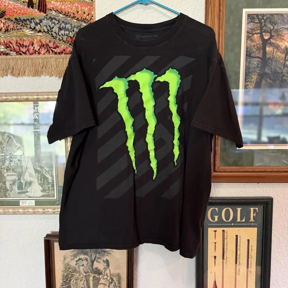 Monster Energy Drink Mens XL Faded Spell Out Big Logo Short Sleeve T-Shirt Black